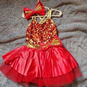 Red and Gold Ballet Costume with Sequence & hair bow, Size 6x.